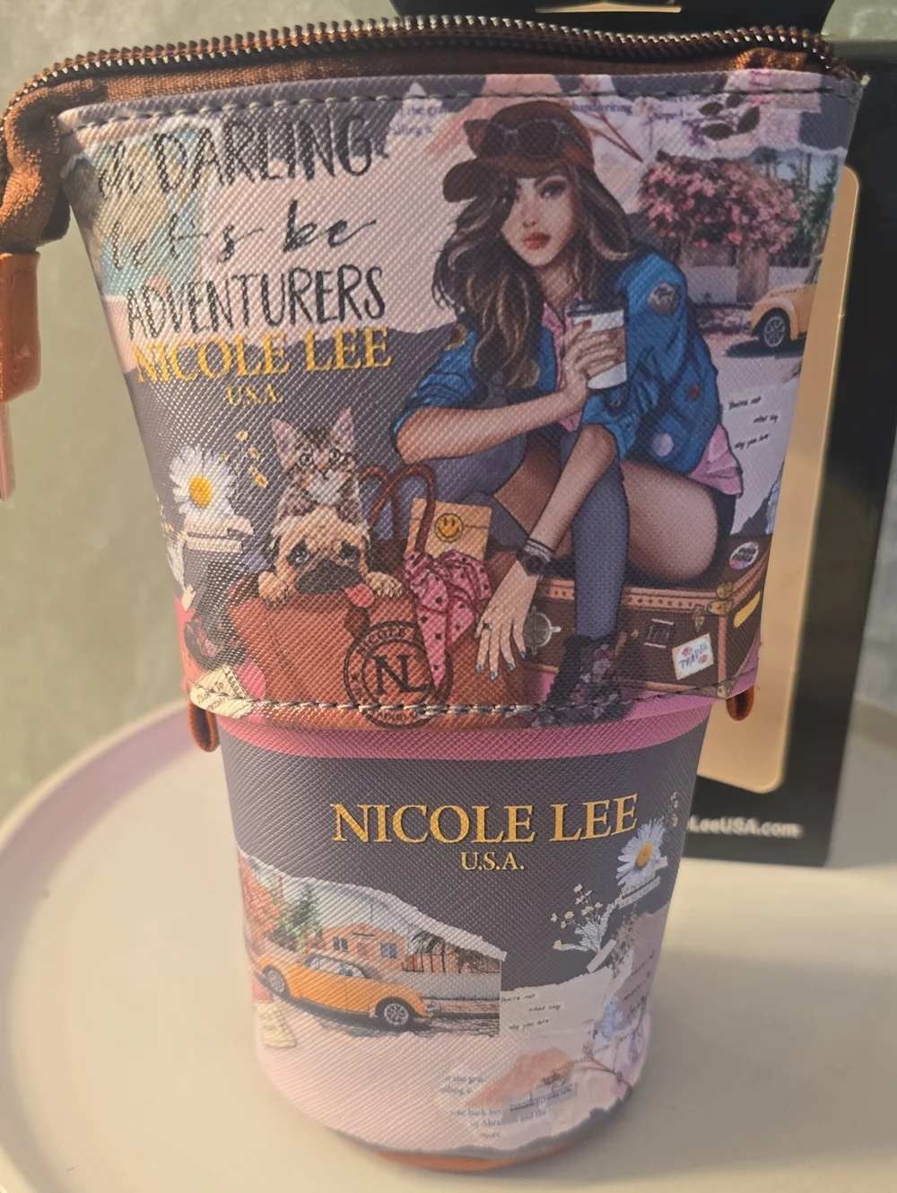 Nicole Lee Standing Cosmetic Makeup Pouch, Slides Down For Easier Access New